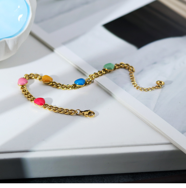 304 Stainless Steel Chain Material Daily Occasion Fashion Heart Shape 304 Stainless Steel 18K Gold Plated Enamel Stainless Steel Bracelets In Bulk