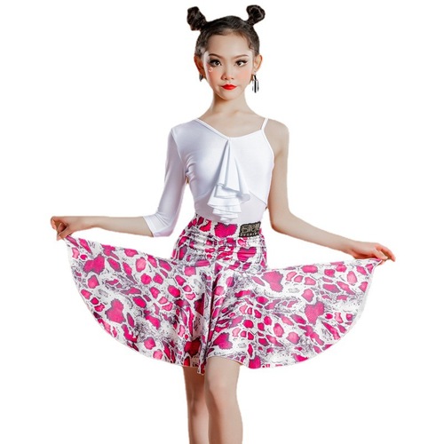 White floral printed Girls latin dance dresses children dance Latin dance professional performance practice suit training uniforms of the girls