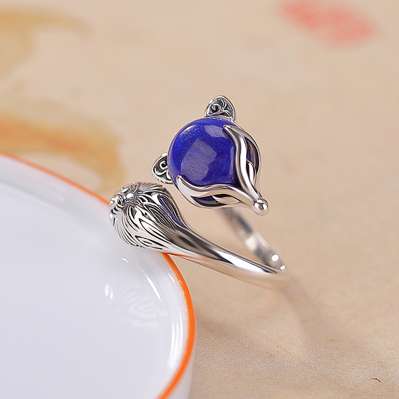 Nhẫn bạc S925 hình cáo đính đá Lapis Lazuli phong cách retro — Một mảnh