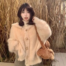 秋冬款甜美清新可爱风仿水貂绒毛衣外套女兔耳朵连帽外穿针织开衫