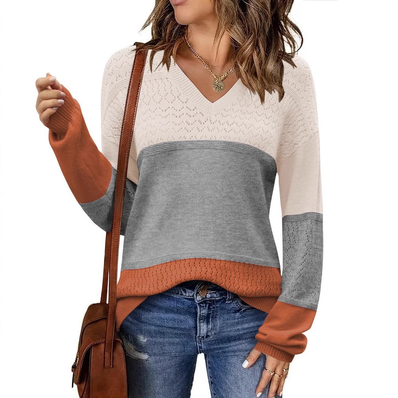 Amazon Ribbed Sweater Aliexpress Cross-Border New Temperament Contrast Color Solid Color V Neck Hollow Pullover Sweater for Women