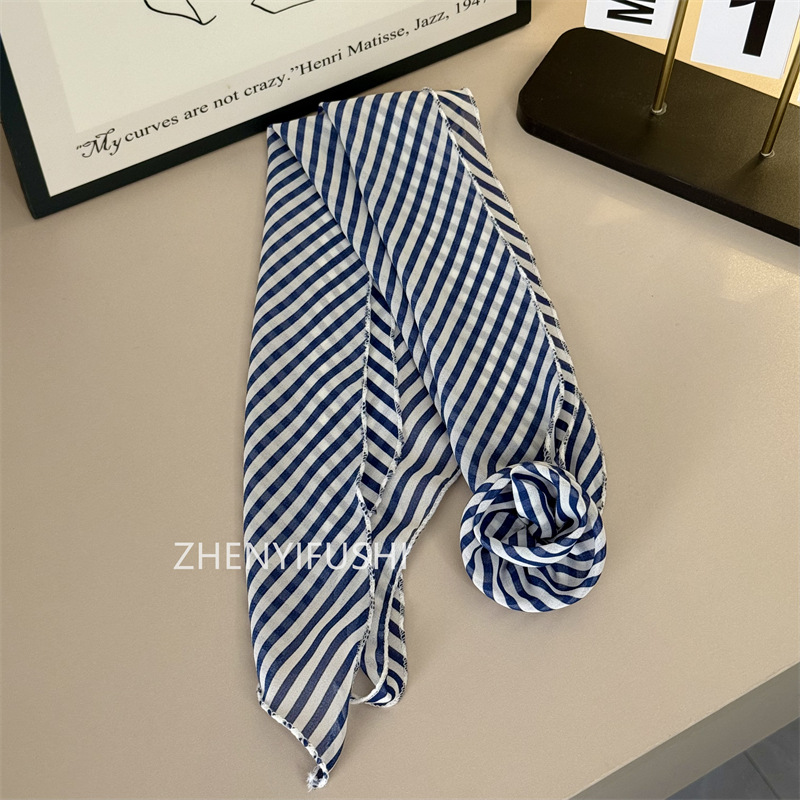 실크 스카프 + 꽃 [블루 스트라이프]