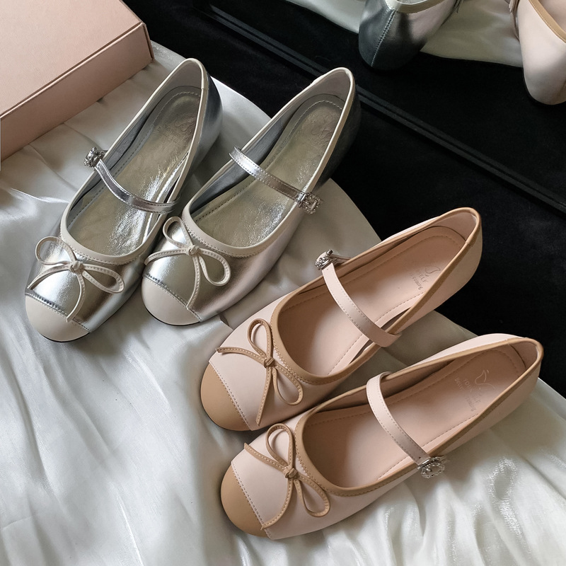 Pointy Toe Ballet Inner Height Increasing Cowhide Colorblock Mary Jane 2024 Autumn Low Heel Bow Genuine Leather Buckle Shoes for Women