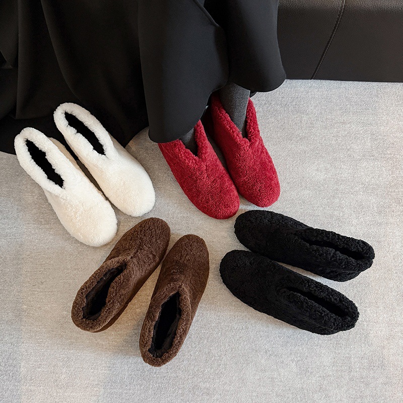 Boot cổ cao lông cừu mùa đông kiểu V, lót lông dày giữ ấm, tăng chiều cao, da dê nguyên tấm — nâu, màu đen, Trắng, màu đỏ
