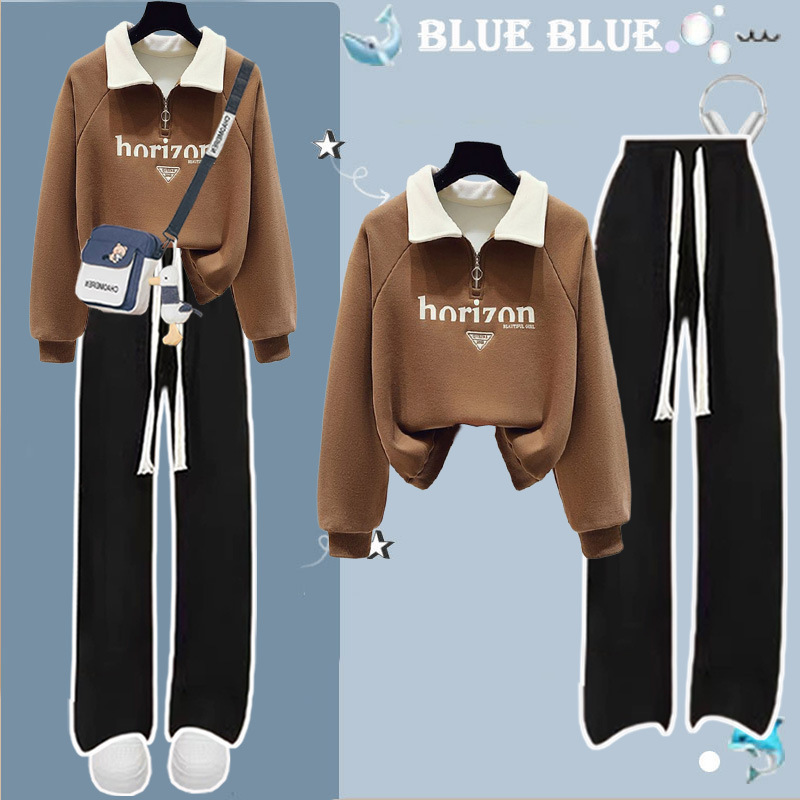 Girls' Sweet College Style Outfit Suit for Middle and High School Students Lapel Sweatshirt Casual Loose Sports Wide Leg Pants Suit