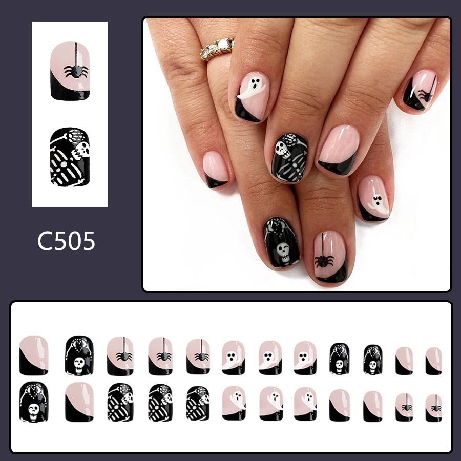 Short Square Armor Bright Skull Ghost Spider Pumpkin Halloween Element Black French Nail 24 Pieces_voghion.com