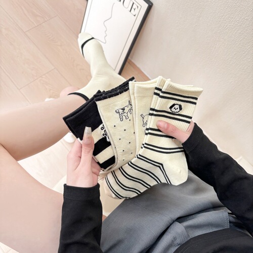 Korean version of Dongdaemun embroidered puppy cartoon cute mid-calf preppy style ladies cotton socks ins trendy versatile casual socks
