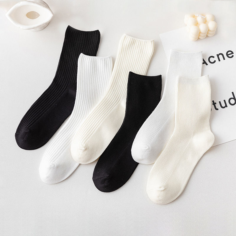 Four-Season Basic Ribbed Solid Color Spun Yarn Mid-Calf Socks, Double-Needle Women's Socks, Breathable, Sweat-Absorbent, Versatile Style Four-Season Basic Ribbed Solid Color Spun Yarn Mid-Calf Socks, Double-Needle Women's Socks, Breathable, Sweat-Absorbent, Versatile Style