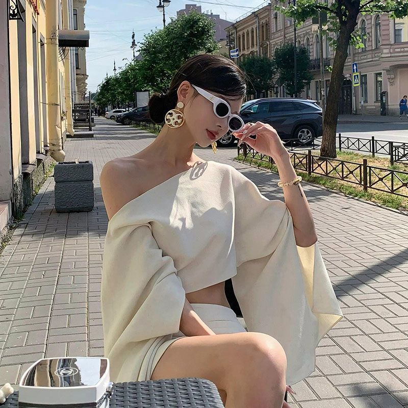 斜肩长袖上衣半身裙套装女2025秋法式别致设计感轻熟风修身两件套|undefined