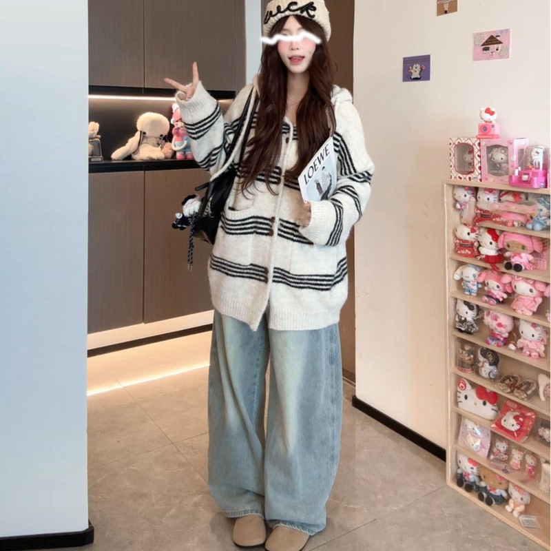 秋冬宽松休闲条纹连帽毛衣外套女中长款慵懒风松弛感针织开衫韩系|undefined