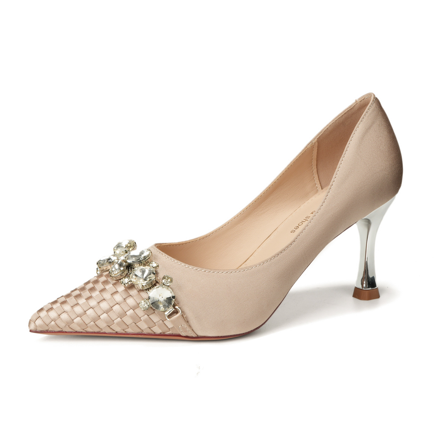 7666-5 Escarpins ultra hauts à motif écossais en cristal de style coréen, décolletés sur les côtés, ornés de perles et de métal._voghion.com