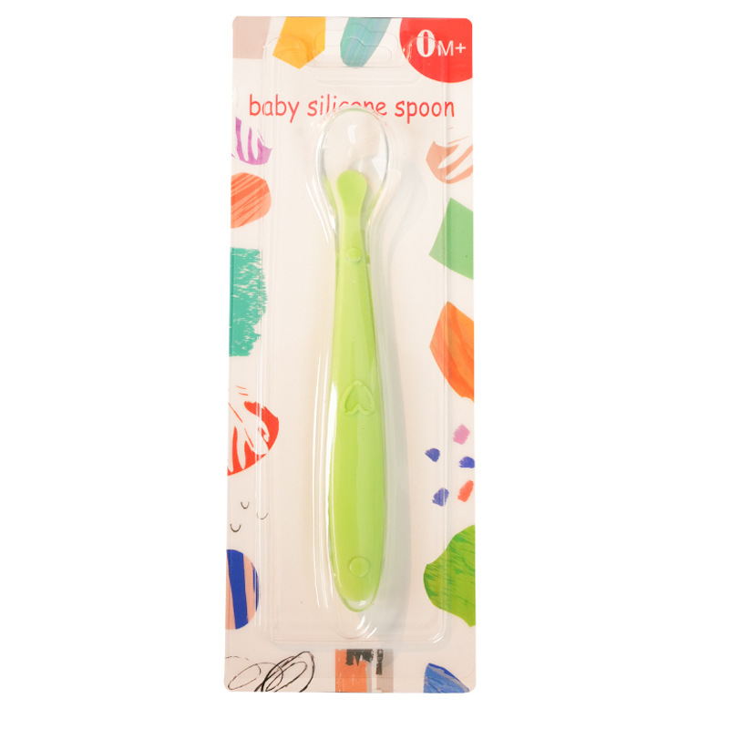 Inglés tarjeta bebé cuchara de silicona cabeza suave cuchara de sopa bebé cuchara de entrenamiento niños vajilla cuchara de silicona de dibujos animados