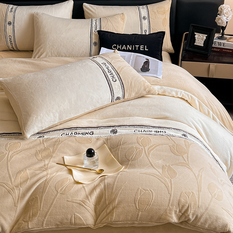Invierno de doble cara leche de coral cama de lana gruesa cuatro piezas con cubierta de edredón de brida sábanas de cama de alta gama