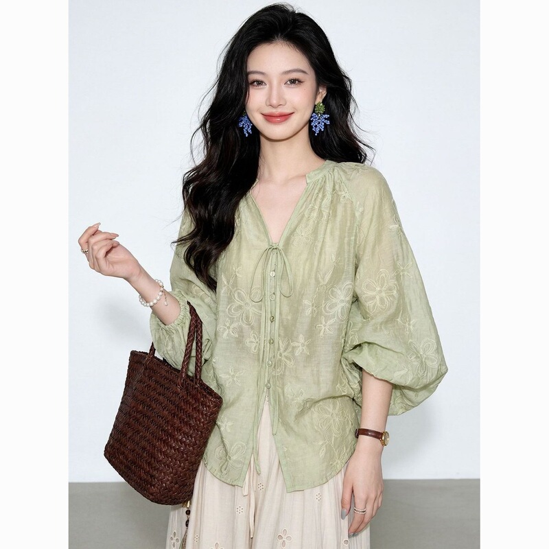 French Green Floral Lantern Sleeve Shirt for Women 2026 Spring New Embroidered Lace-Up Top Summer Women's Clothing French Green Floral Lantern Sleeve Shirt for Women 2026 Spring New Embroidered Lace-Up Top Summer Women's Clothing