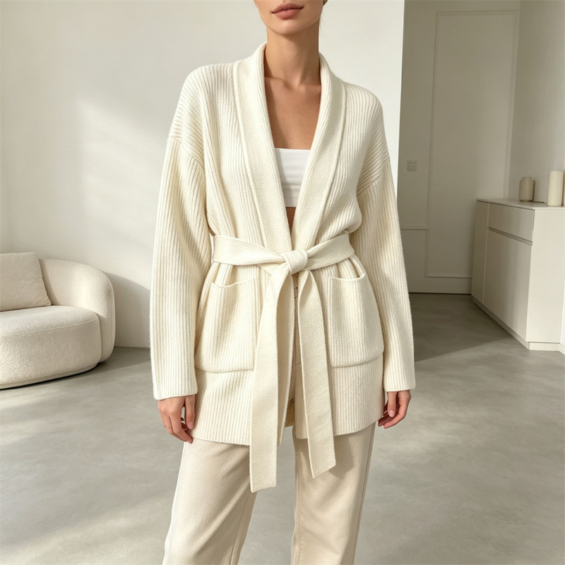 Mid-length loose-fitting buttonless tie-up sweater coat for women, autumn and winter European style, plus size, solid color, pocketed knitted cardigan Mid-length loose-fitting buttonless tie-up sweater coat for women, autumn and winter European style, plus size, solid color, pocketed knitted cardigan