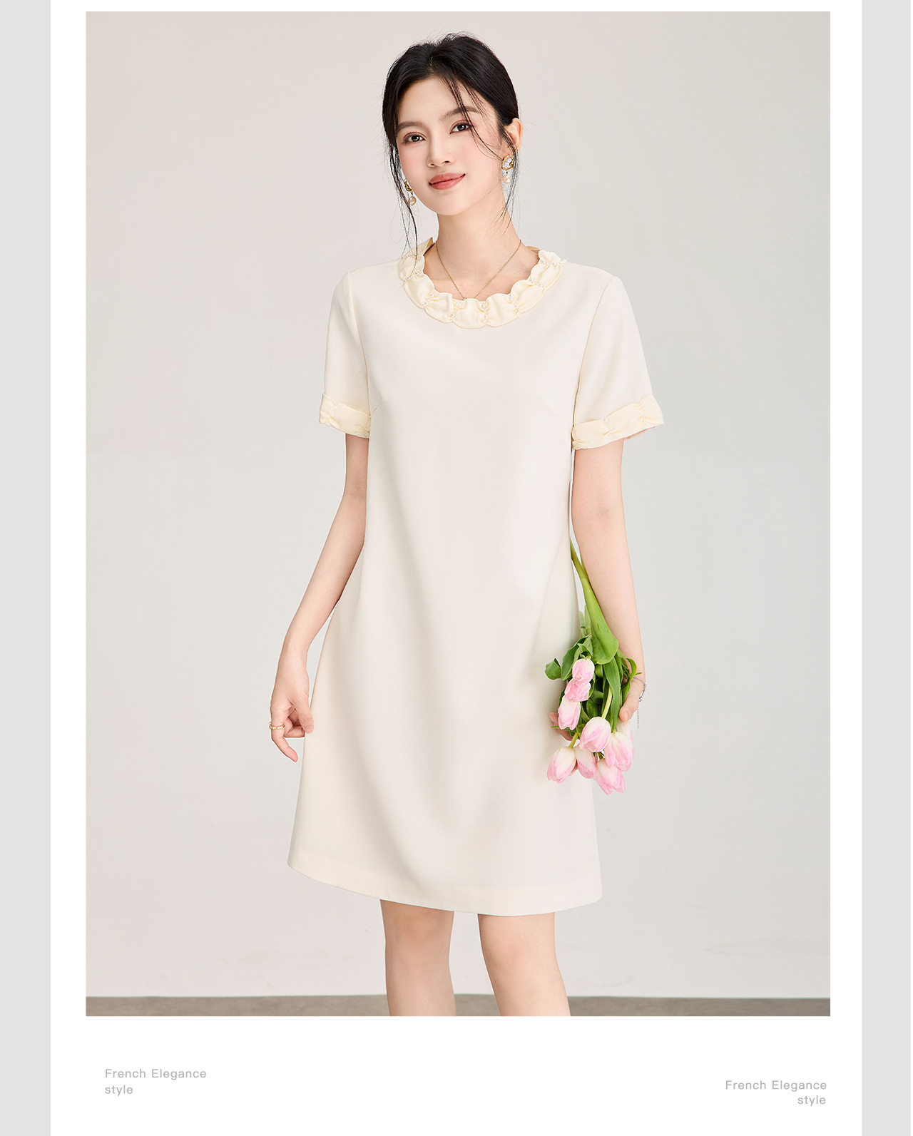 Đầm suông midi cổ điển Pháp đính cườm, phối màu tương phản — màu đen chi tiết 8