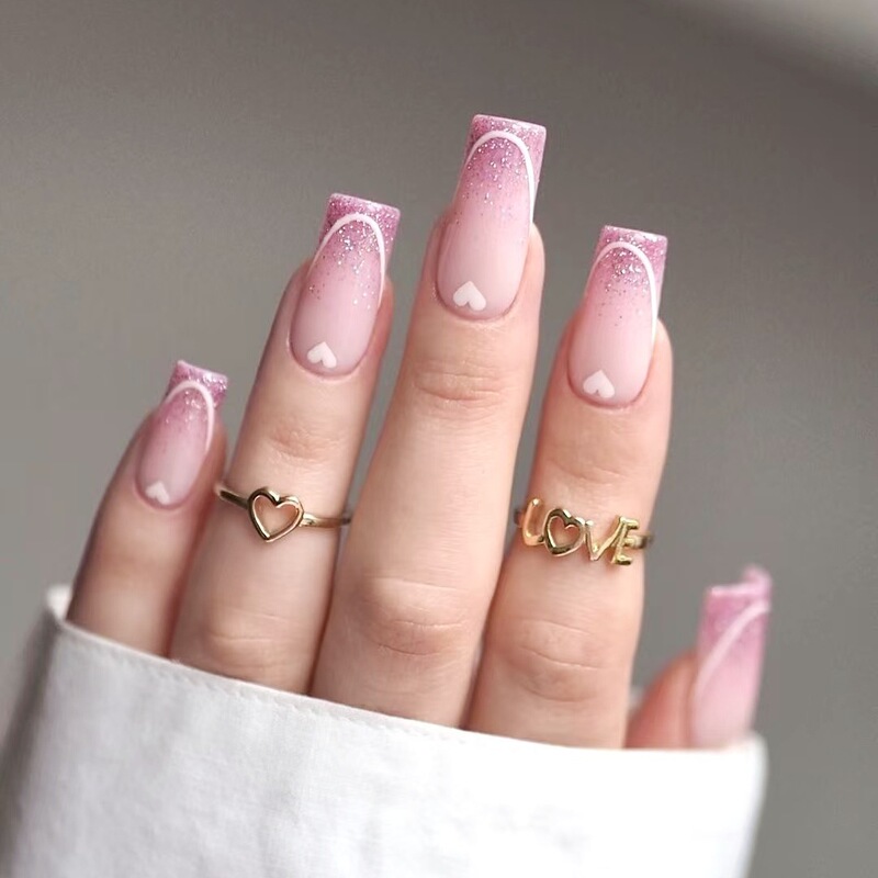 White Heart Purple Pink Flash Medium Square Head Medium Tube Fake Nails Glitter Heart Valentine's Day Heart-Shaped Manicure