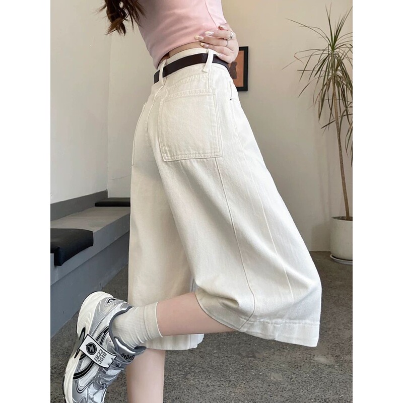 White Cropped Wide-Leg Jeans for Women, 2026 Summer Thin High-Waisted Loose Fit, Flattering for Petite Figures, 7/8 Length Pants