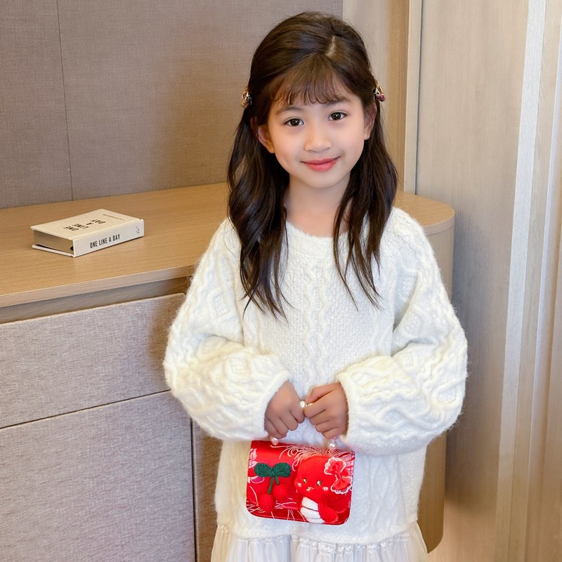 2025 rojo festivo bolso de Año Nuevo para niños estilo occidental perla bolso de niña hilo bordado bowknot bandolera para niños