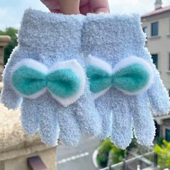 可爱毛绒针织毛线手套儿童秋冬季防寒保暖蝴蝶结全指学生户外手套