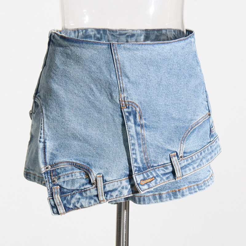 Short en jean taille haute délavé pour femme, extensible, patchwork, ourlet brut, style streetwear_voghion.com