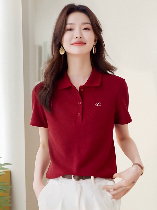 2025新款红色减龄百搭polo领撞色刺绣短袖衬衫女洋气刺绣翻领上衣|undefined