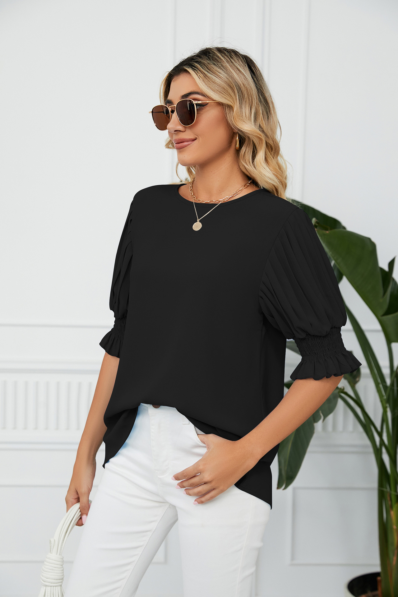 Women's Chiffon Shirt 3/4 Length Sleeve Blouses Lettuce Trim Casual Solid Color display picture 3