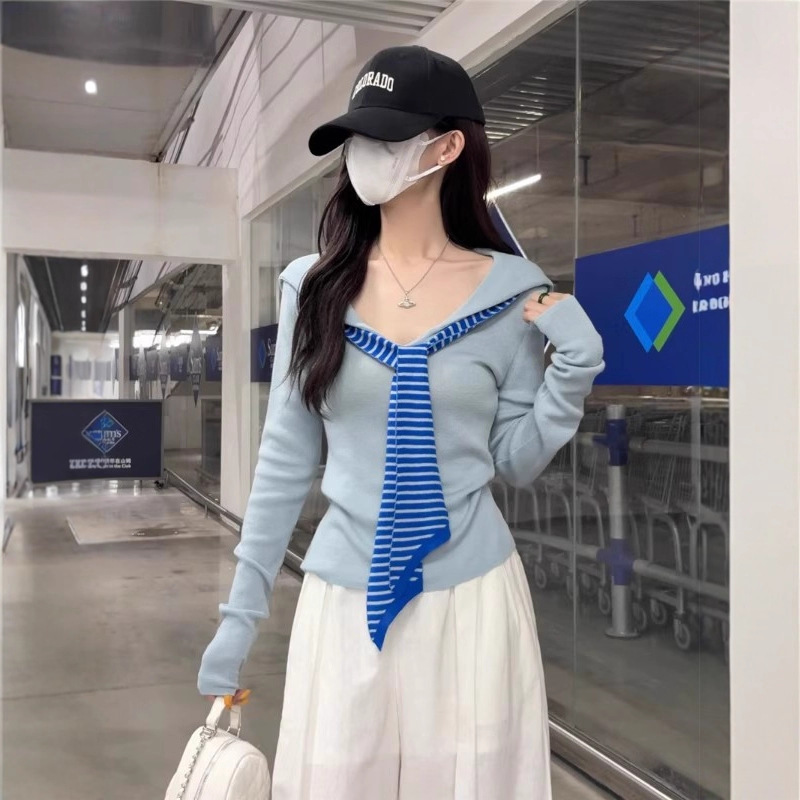 Navy Collar Contrasting Color Shawl Long-Sleeved Knitwear for Women Autum 2025 New Versatile Slim Fake Two-Piece Casual Top Navy Collar Contrasting Color Shawl Long-Sleeved Knitwear for Women Autum 2025 New Versatile Slim Fake Two-Piece Casual Top