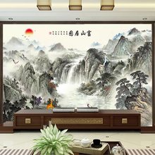 3D电视背景墙中式山水风景画客厅沙发无缝8D立体壁画壁纸影视墙布