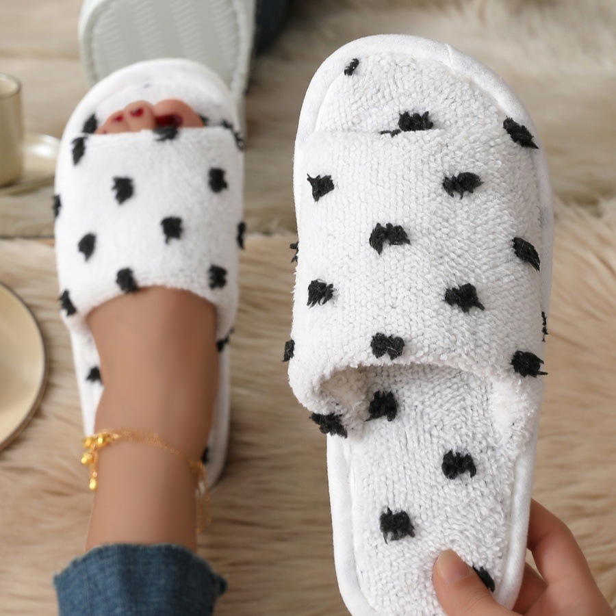 thumbnail image 1 of Zapatillas de algodón con punta abierta cruzada y lunares para mujer, pantuflas de suela blanda silenciosas antideslizantes con apertura para el hogar para interiores, 1 of 4