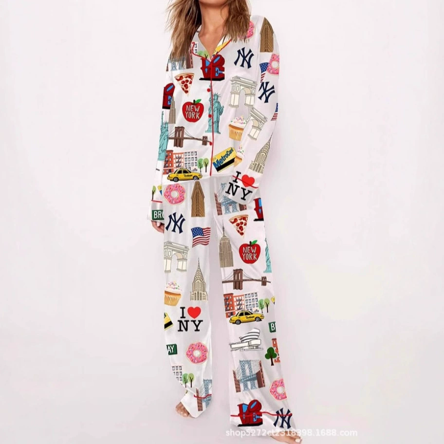 Европейский и американский модный летний повседневный домашний костюм с принтом, с отложным воротником, с длинным рукавом, пижамный комплект POPOD, цельный, на заказ