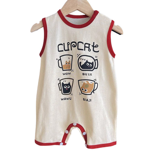 Baby jumpsuit summer coffee cat wide-shoulder sleeveless climbing suit Baby clothes Home clothes Newborn climbing suit