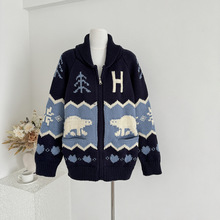 小水平采娜同款宽松费尔岛圣诞印花拉链毛衣针织开衫上衣女秋冬季