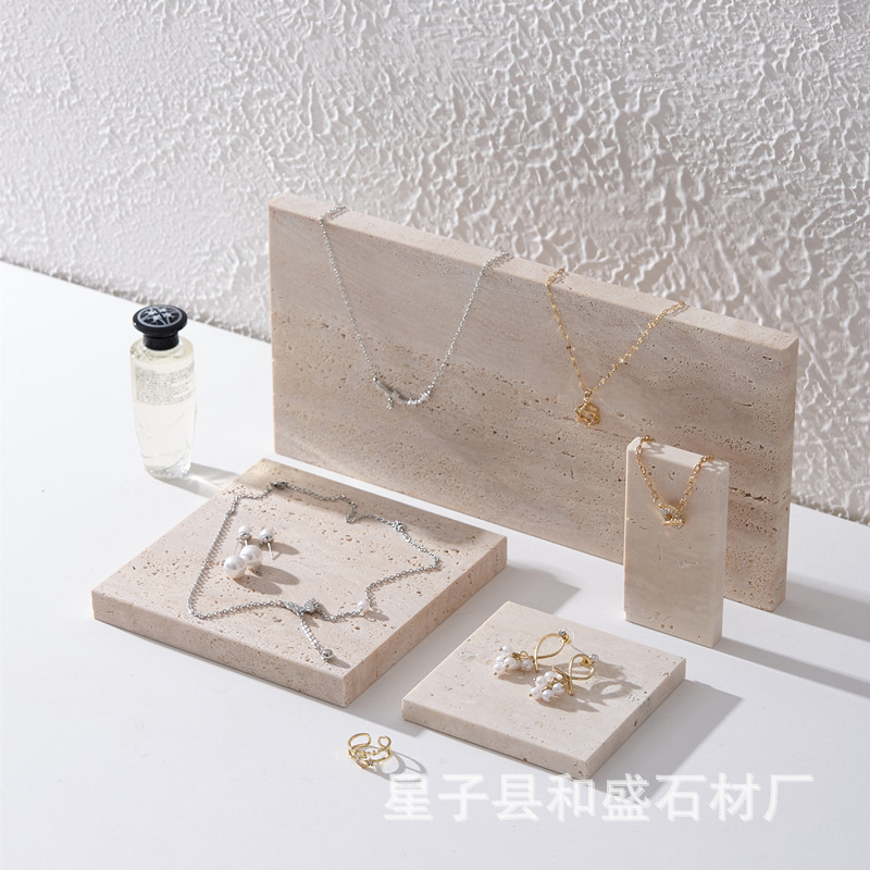 寂風天然ベージュ洞石陳列トレーアクセサリーイヤリング展示棚撮影道具背景ジュエリー展示|undefined