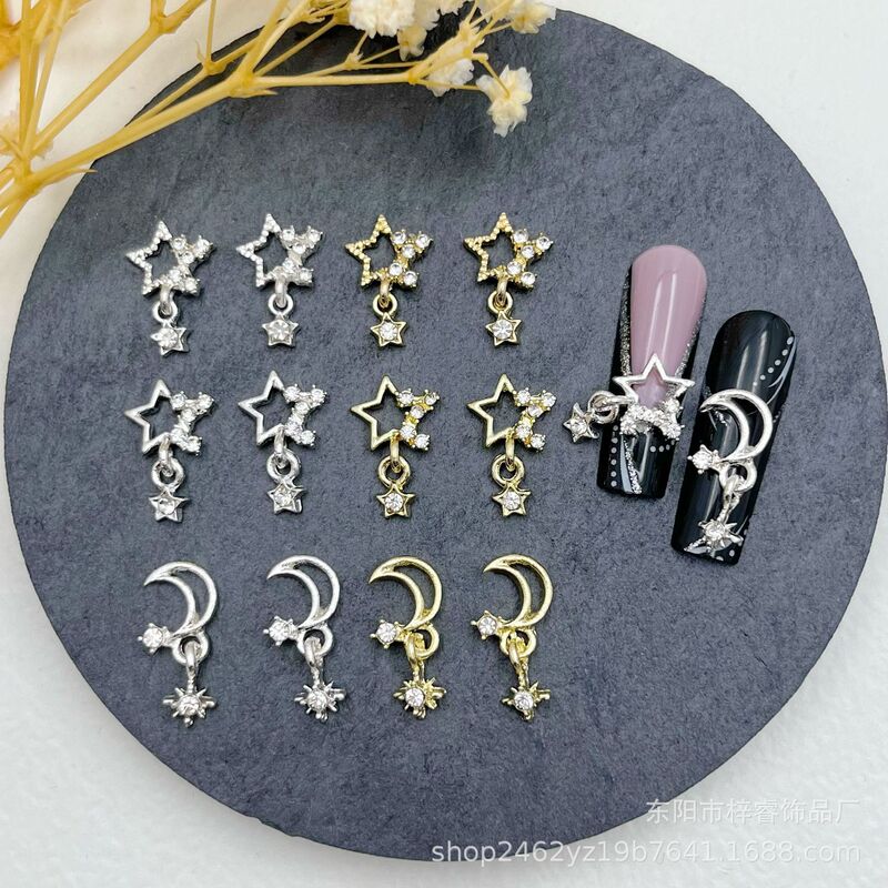 Popular Nail Art Accessories Five-Pointed Star Lz Japanese Style Flash Stereo Diamond Star Moon Pendant Nail Stickers Wholesale