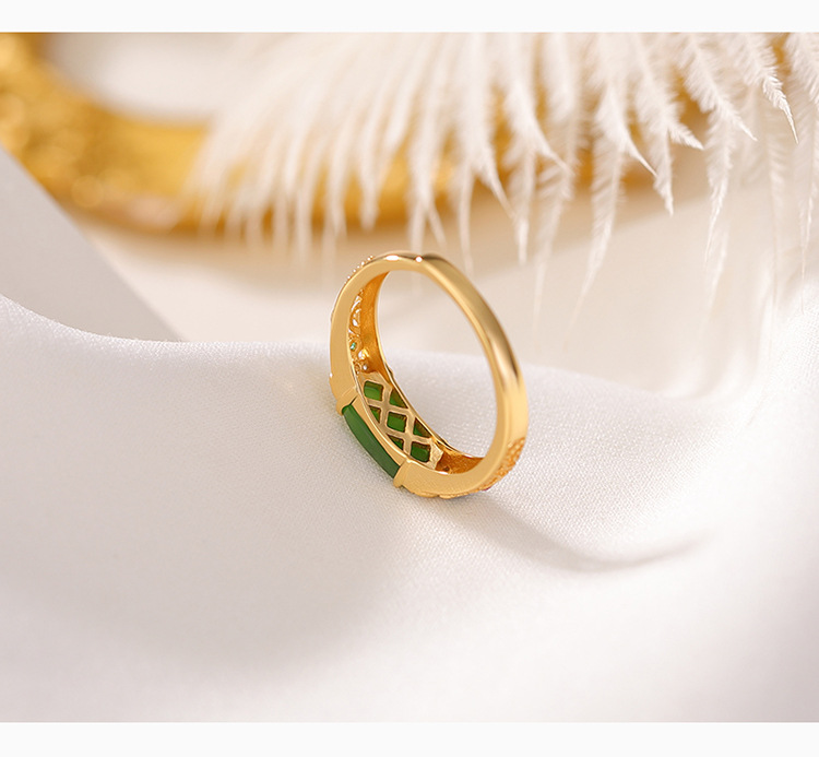 Nhẫn yên xe bạc S925 mạ vàng đính ngọc bích jasper cổ điển sang trọng — Bạc 925 chi tiết 3