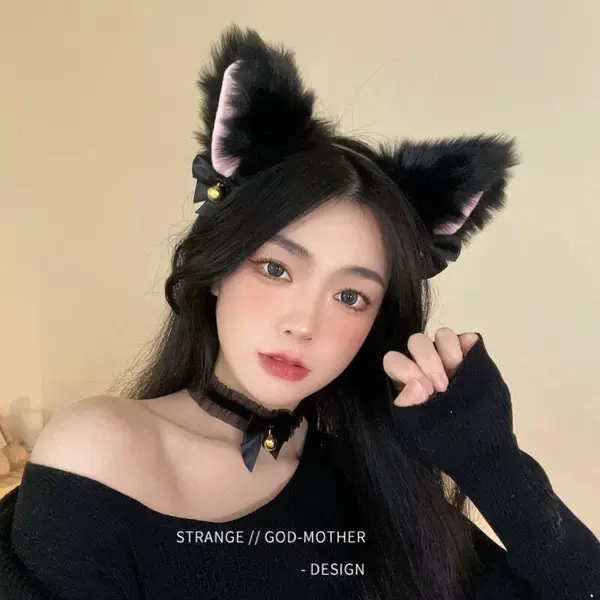 Halloween Party Masquerade Cat Girl Headwear Black Lace Veil Internet Celebrity Cute Cat Bunny Ears Headband
