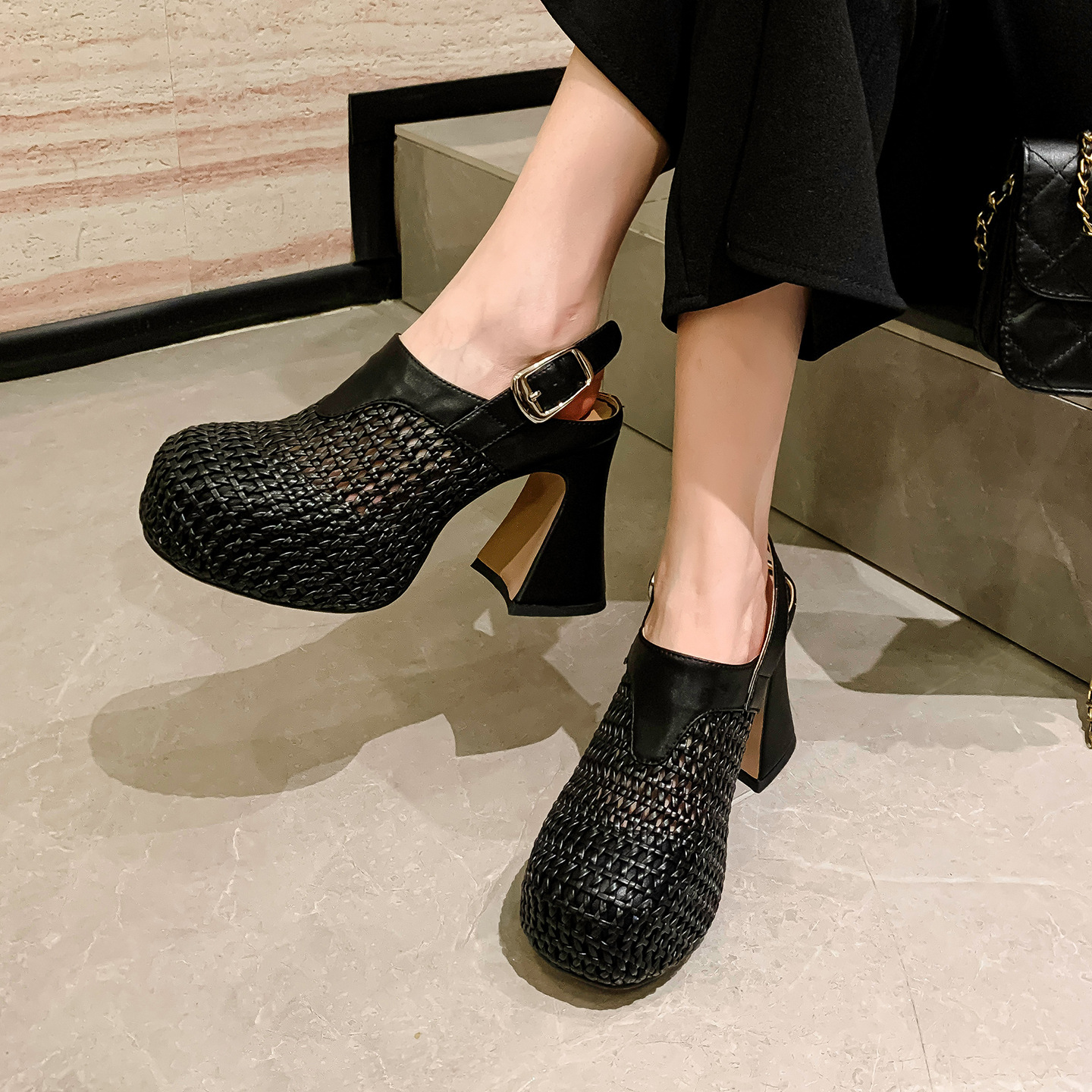 Sandal cao gót nữ đế xuồng platform dệt kim vàng, gót 10 cm, phong cách La Mã — Màu đen, Màu vàng, Màu bạc