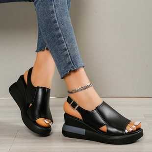 Cross-Border New Summer Thick-Soled Wedge Sandals for Women, Fashionable Back Hollow Soft Leather Large Size Fish Mouth Shoes, Foreign Trade Platform Shoes