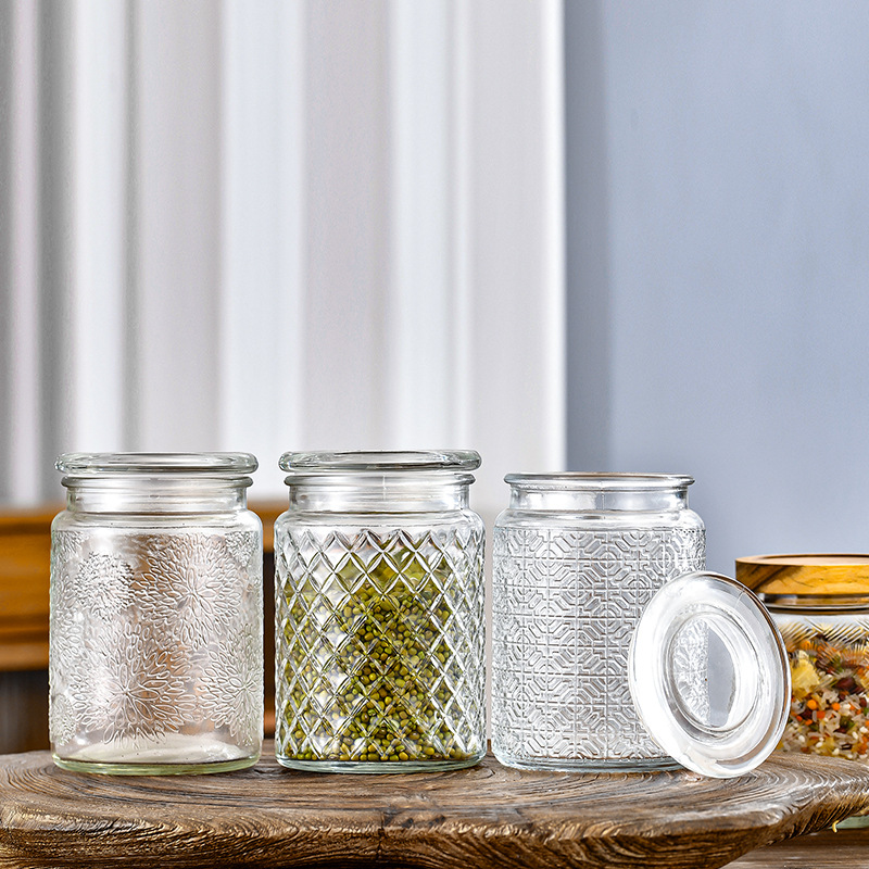 Retro en relieve de vidrio almacenamiento lata de azúcar a prueba de humedad casera frutas secas bocadillos botella de sellado lata de té de vidrio lata de sellado