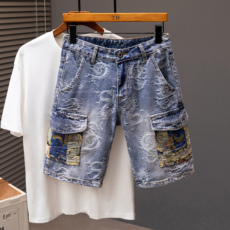 2024 New Denim Shorts Men's Trendy Brand Five-Quarter Pants Loose Straight Youth Mid-Pants Personalized Breeches for Men
