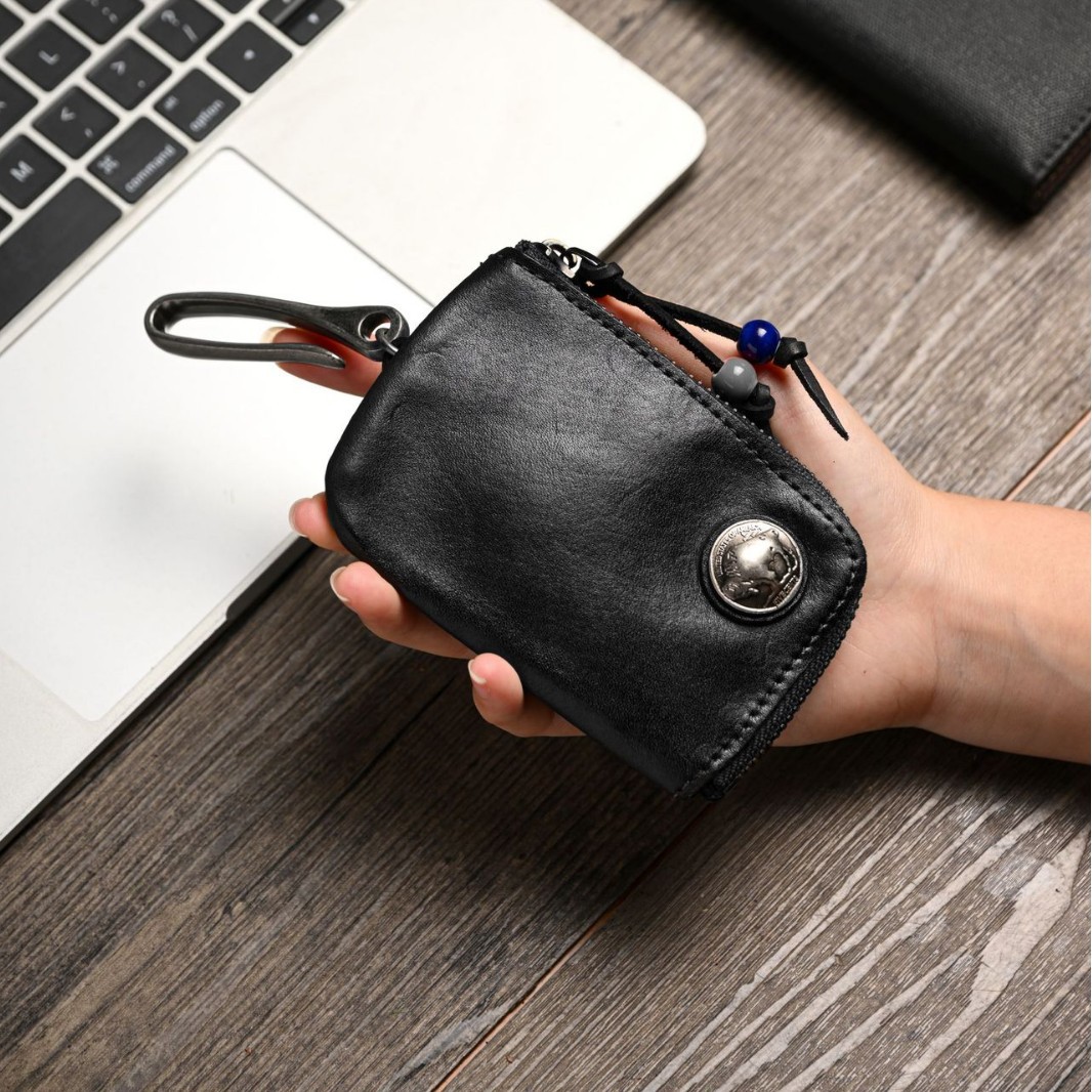 Top-layer cowhide genuine leather unisex vintage distressed zipper coin purse card holder earphone storage bag key waist pouch