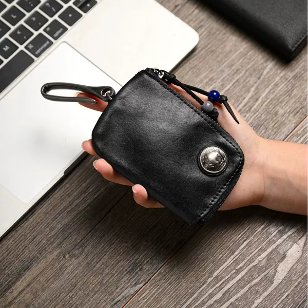 Top-layer cowhide genuine leather unisex vintage distressed zipper coin purse card holder earphone storage bag key waist pouch