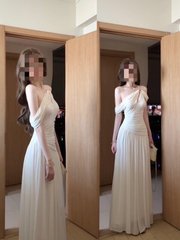 White Mesh One-Shoulder Strap Dress, Perfect for Summer Seaside Vacations, Stunning Waist-Cinching Birthday Gown with a Large Hem and Long Skirt White Mesh One-Shoulder Strap Dress, Perfect for Summer Seaside Vacations, Stunning Waist-Cinching Birthday Gown with a Large Hem and Long Skirt