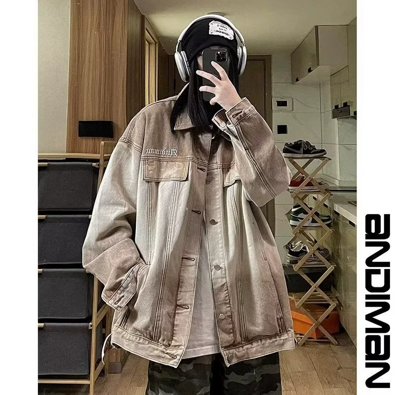 Женский? Wait input says Spring denim men's retro jacket for students, 2023, gradient, loose fit, for teenagers