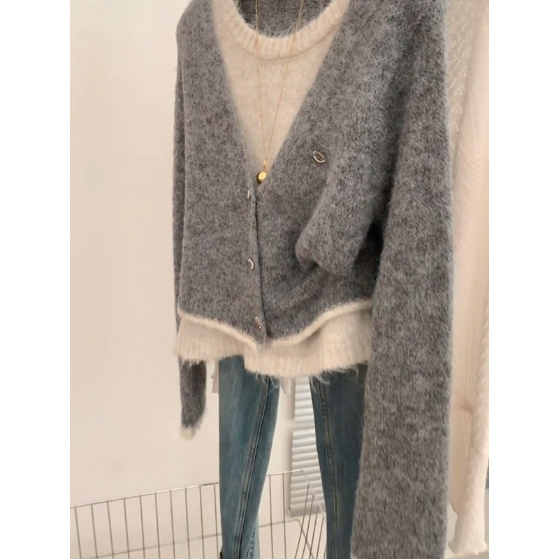 韩系慵懒风灰色假两件针织开衫毛衣女秋冬小众高级感超好看上衣潮|undefined