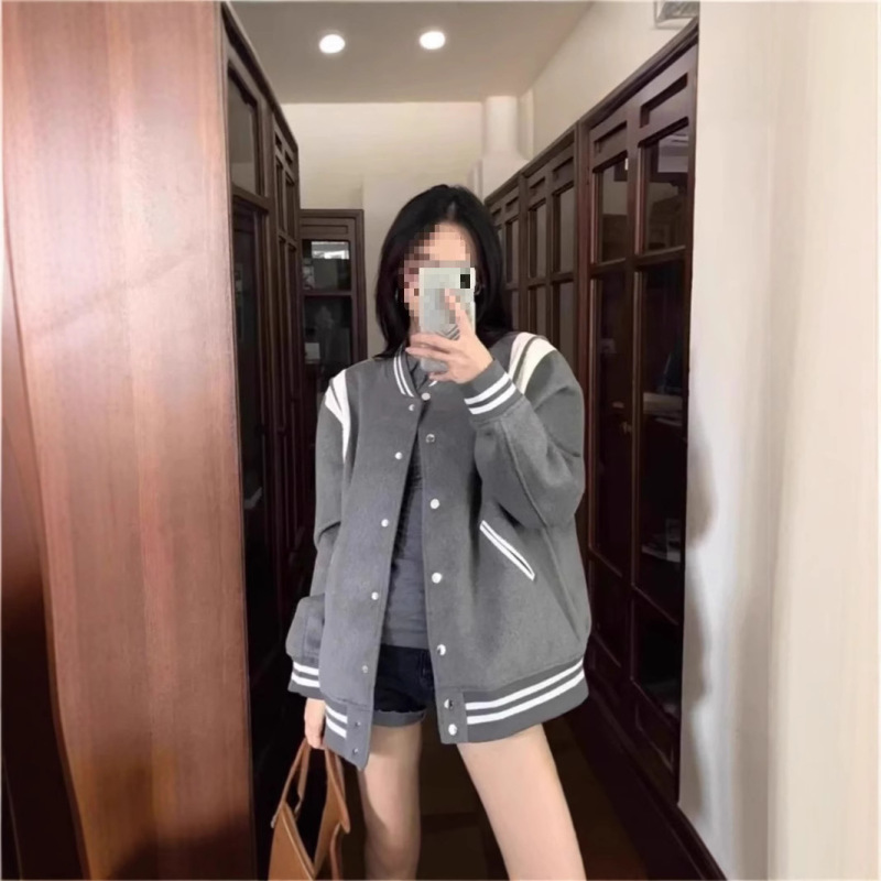 短外套感春秋季宽松百搭新款灰色复古学院风2024设计美式棒球服女|undefined