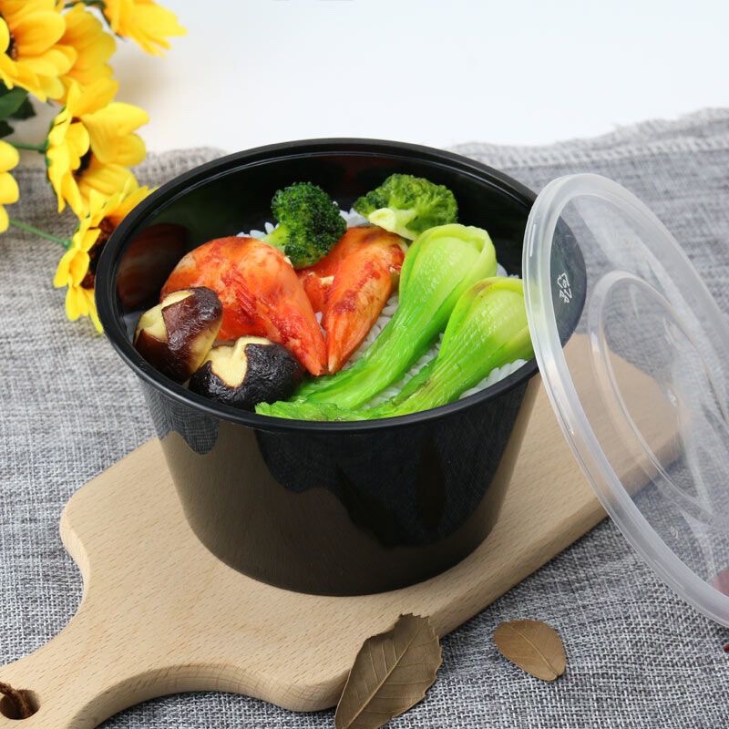 ラウンド黒使い捨て弁当箱食品グレードのプラスチック包装箱厚みのあるテイクアウト弁当箱スープボウル蓋付き|undefined