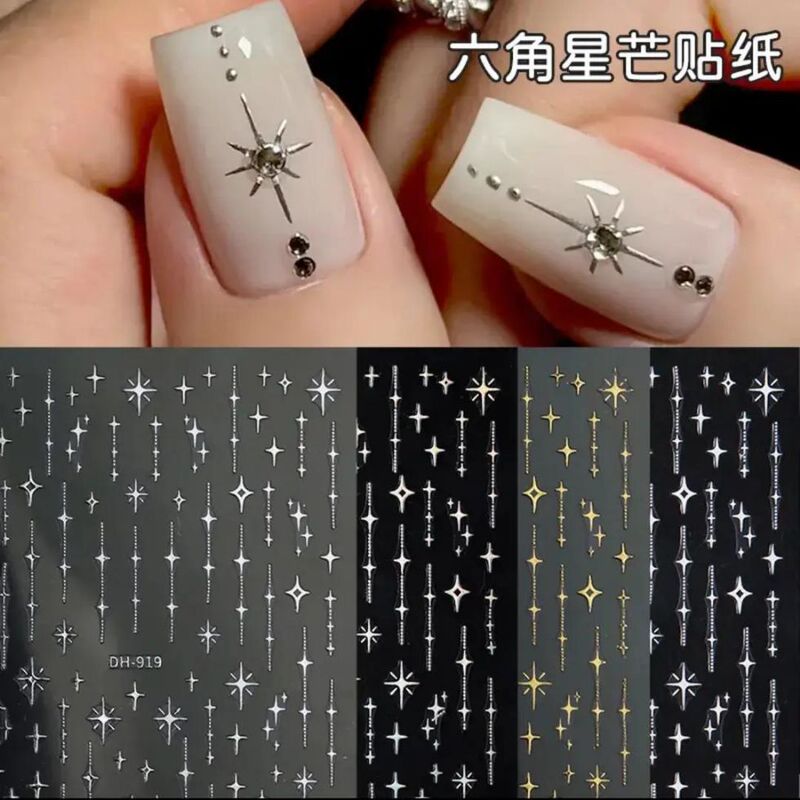 Trendy Hexagram Nail Stickers Ins-Style Gold and Silver Foil Adhesive Thin Flexible Nail Decals