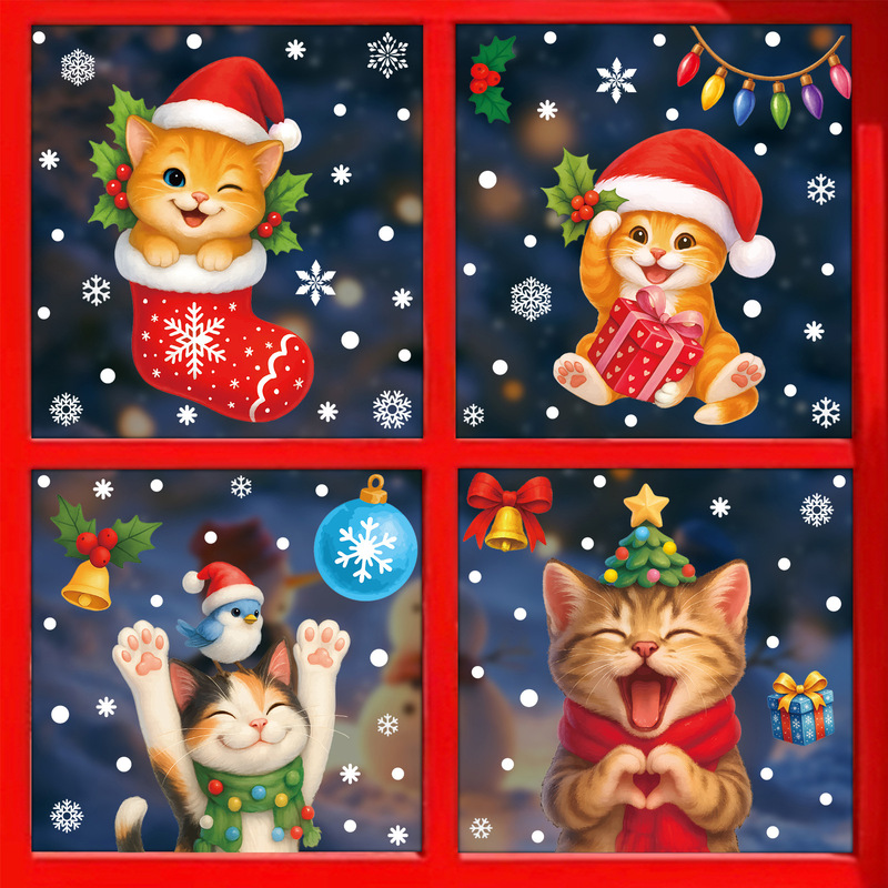 Amazon クリスマスステッカークリエイティブ子猫静電ステッカークリスマスパーティー用品スノーフレークベルガラスステッカー|undefined
